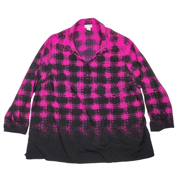 Catherines Tops - Catherines Tunic Blouse Women 3X Pink Blk Buffalo Plaid Ombre Polyester Spandex